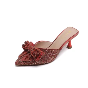 Women’s High Heeled Mule Slippers Bow Shaped Crystal Pointed Rhinestone Height Increasing Autumn Suitable Spring Summer Shoes