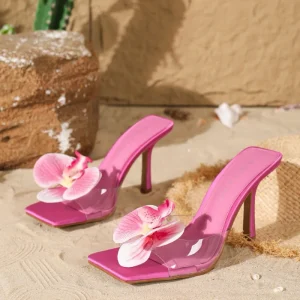 Women’s High-Heeled Open-Toe Slippers for Summer Flower Decorated Beach Shoes Slip-On Outdoor High-Top