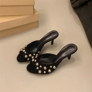 Women’s High-Heeled Sandals Black Suede With Rivets