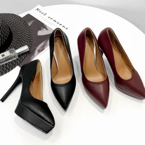 Women’s High Heeled Stiletto Pointed Toe Leather Shoes Waterproof Platform Professional Black Work Shoes