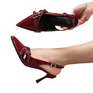 Women’s High Heels Metal Buckle Decoration Burgundy Sexy Pointed Toe Stiletto Heel Summer Fashion Party Slingback Sandals
