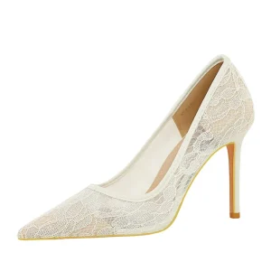 Women’s High Heels Pumps Lace Pointed Toe Summer Wedding Shoes Breathable Anti-Slippery Trendy for Autumn Thin Heels