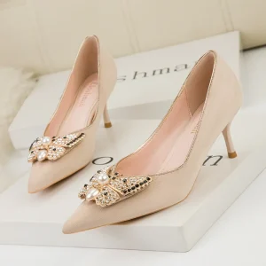 Women’s High Heels Pumps Winter Sandals with Bow Shiny Rhinestone Trendy Upper Suede High Heels for Ladies