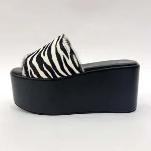 Women’s High Platform Open Toe Mules Shoes Zebra Hair Slides Slippers