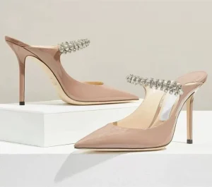 Women’s High Quality Patent Leather High Heeled Fashion Sandals Pointy High Top Style with Rhinestone Slip-On for Summer