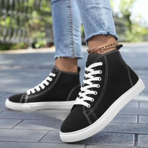 Women’s High Top Canvas Sneakers Casual Black White Lace up Flat Shoes for Ladies Breathable Comfortable Walking Shoes