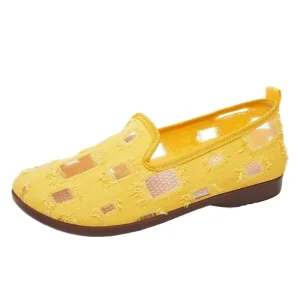 Women’s Hollow Fabric Slip On Flats Breathable PVC Outsole Fashion Trend Shoes