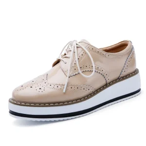 Women’s Hollow Glossy Round Toe Elegant Casual Shoes Thick Bottom Comfortable Ladies Muffin Shoes Lace up Ladies Flat Shoes