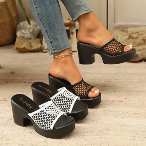 Women’s Hollow High Heeled Summer Large Size Elegant Thick Bottom Mesh Sandals Heel
