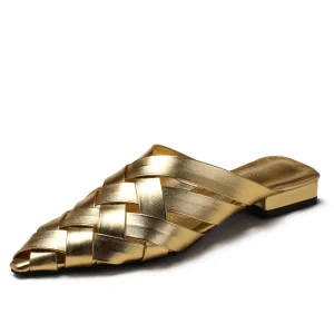 Women’s Hollow Woven Pointed Toe Slip-On Slippers Summer Thick Heel Shoes Outdoor Sandals Closed Toe Mules Slippers