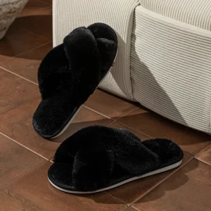 Women’s Home PU Fluffy Custom Cross Open Toe Casual Fashion Fur Indoor House Soft Bedroom Plush Winter Fuzzy Slippers