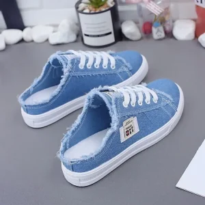 Women’s Hong Kong Style Canvas Slippers Plus Size Breathable Student Flat Casual Shoes Half Drag Autumn Slip On Foreign