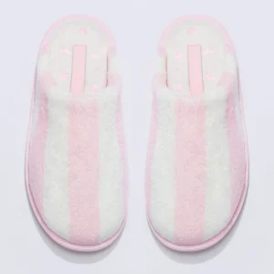 Women’s House Slipper Chic Pink and White Striped Design Delicate Pink Heart Embroidery Insole Mule Slippers