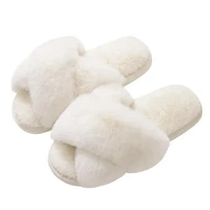 Women’s House for Open Toe Comfy Light Weight Soft Anti slip Fuzzy Faux Fur Cross Band