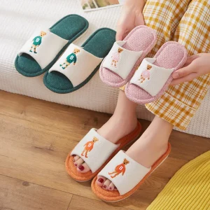 Women’s Indoor Anti-Slip Flax Linen Spring Summer Flat Shoes Soft Breathable Bedroom Linen Bear Slippers