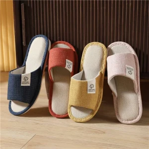 Women’s Indoor Anti Slip Open Flax Linen Flat Shoes for Spring Summer Soft Breathable Bedroom Slippers Male Home Comfort