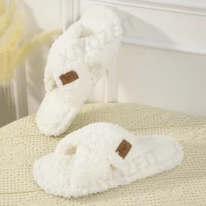 Women’s Indoor Cross Band Slide Slipper Plush Lining Open Toe Slip On House Shoe OEM Available