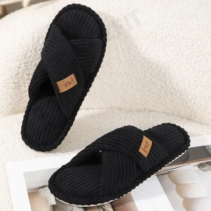 Women’s Indoor Cross Band Slide Slipper Plush Lining Open Toe Slip On House Shoe OEM Available