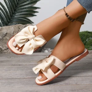 Women’s Ins Style Outdoor Summer Cross Border Trade Solid Color One Strap Slippers Large Size Bowknot Slip On Design