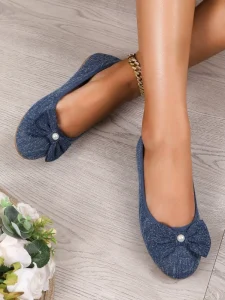 Women’s Jean Fabric Ballet Flats With Bow Pearl Decor Lightweight Non Slip Flat Shoes Daily Office Walking Slip on Loafers