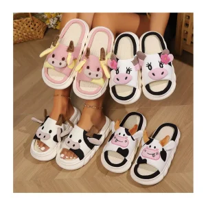 Women’s Kawaii Cartoon Cow House Slippers Casual Slip on Platform Slipper Comfortable Indoor Shoes