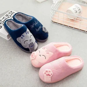 Women’s Kawaii Cat Decor Slippers Comfortable Plush Lined Slip on Shoes Flats Indoor Home Bedroom Floor Slippers