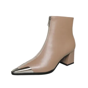 Women’s Khaki Ankle Boots with 5.5cm Chunky Heel, TPR Outsole, Soft Pigskin Insole, Autumn Fashion Pointed Toe Boots