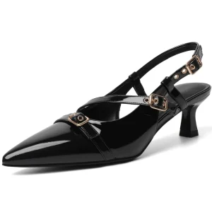 Women’s Kitten Heels Low Heel Closed Pointed Toe Slingback Pumps Buckle Strap Dress Shoes for Wedding