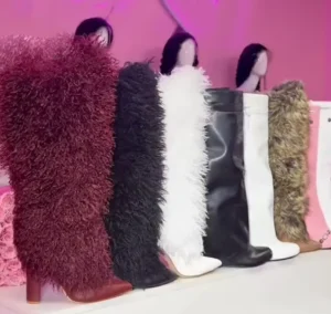 Women’s Knee Boots Thick Sole Slip on Wedge Heel Winter Furry High Heel