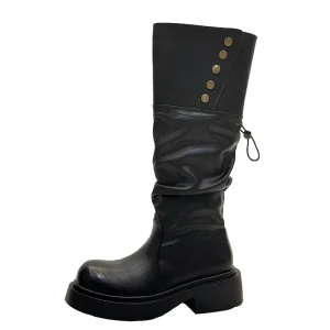 Women’s Knee-High Autumn Winter Boots Lace-Up Closure Fashionable Slip-On Long Flat Boots Low Heel Toe Design Botas De Mujer