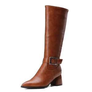 Women’s Knee High Boots Chunky Block Heel Long Boots Pointed Toe Side Zipper Knight Boots Women Winter Shoes