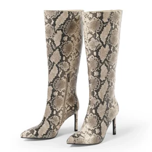 Women’s Knee High Boots Stiletto High Heel Pointed Toe Long Boots Snake Vegan Leather Side Zipper Dress Tall Boots
