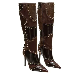 Women’s Knee High Stiletto Boots Pointed Toe Rivet Tall Boots with Side Zipper Sexy High Heel Dress Boots