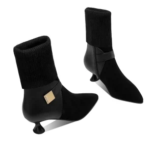 Women’s Knit Cuff Ankle Boots Pointed Toe Booties with Gold Metal Detail and Stretch Fabric