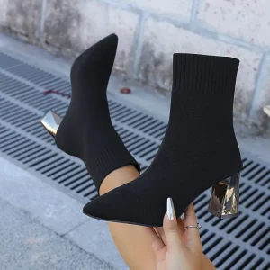 Women’s Knit Fabric Pointed Toe Sock Ankle Boots with Clear Block Heel