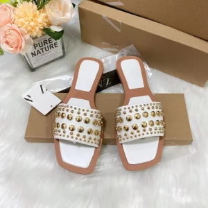 Women’s Korean Rivet Upper PU Lining Flat Slides Square Toe Slip On Comfort Fashion Summer Casual Shoes