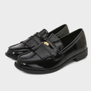 Women’s Korean Style Round Head Black Coin Work Low Heel Flats Boat Shoes Loafers Chunky Heel PU Shoes