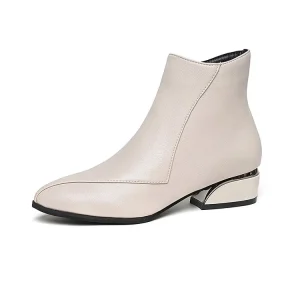 Women’s KoreanFashion Beige Ankle Boots Transparent Heels Back Zip Up Pointed Toes Decor Rivet Embroidery Low Heel Flat Bootie