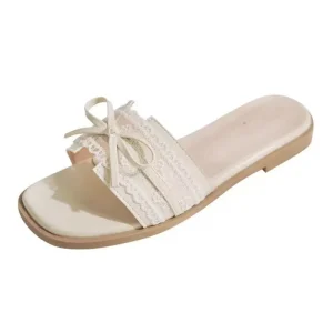 Women’s Lace Bow Flat Slide Sandals Open Toe Cushioned Non-Slip Summer Slippers for Daily Wear