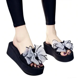 Women’s Lace Bow Flip Flops Outdoor Casual Sandals Non Slip Beach Slippers Platform Height Increasing