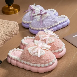 Women’s Lace Bow Fur Slippers Winter Indoor Home Thickened Sole Plush Warm Winter Shoes