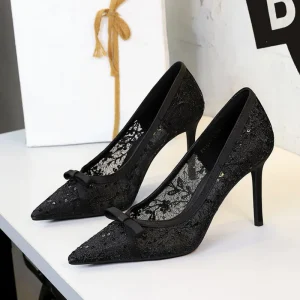 Women’s Lace Mesh Heeled Sandals Pointed Toe Stiletto Heel Banquet Party Shoes With Bow and Sequins