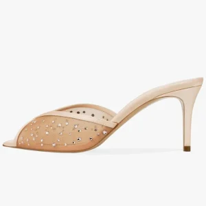 Women’s Lace Mesh Mule Heels Rhinestone Trim Pointed Toe Crystal Embellished Sheer Sandals OEM Custom