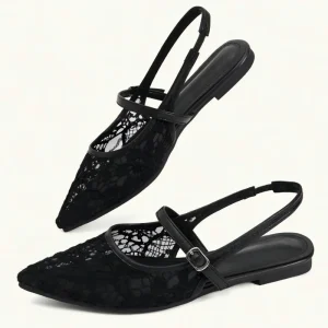 Women’s Lace & PU Mary Jane Flats Pointed Toe Single Buckle Strap Breathable Elegant French Daily Dress Shoes