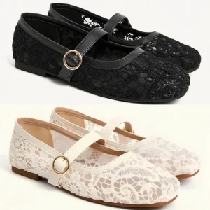 Women’s Lace & PU Mary Jane Flats Square Toe Single Buckle Strap Breathable Elegant French Daily Dress Shoes