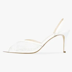 Women’s Lace Pearl Wedding Sandals Pointed Toe Slingback Bridal Heels White Formal Sandals Custom