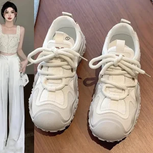 Women’s Lace Up Sneakers New Spring Summer Thick Soled Soft Soled Lightweight Non Slip Running Casual Shoes White