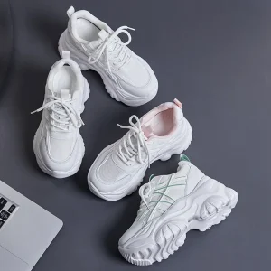 Women’s Lace-Up Solid Dad Shoes Lightweight Thick-Soled Casual Retro Sneakers Breathable EVA Outsole Foot-Slimming