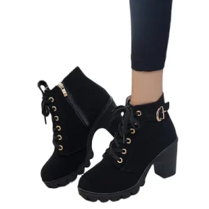 Women’s Lace up Round Head Women’s Boots Frosted Thick High Heels Short Boots