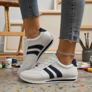 Women’s Lace-up Striped Casual Sneakers Low Top Flat Shoes